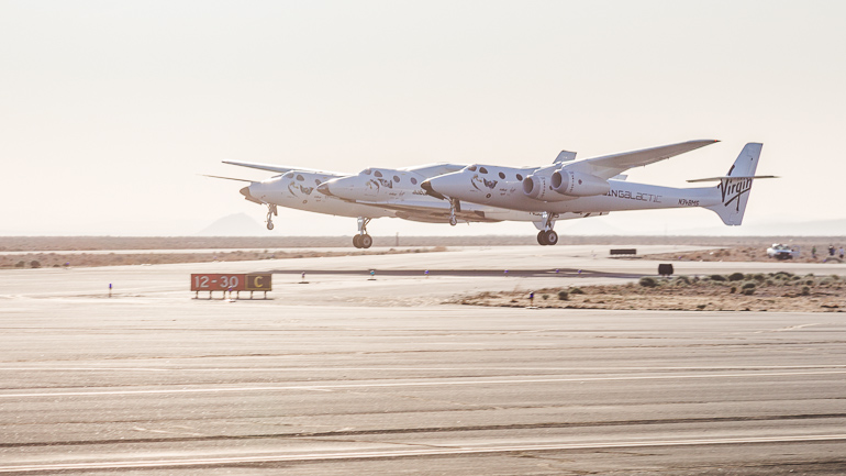 SpaceShipTwo taking off from the Mojave Air and Space Port mated to its carrier aircraft WhiteKnightTwo