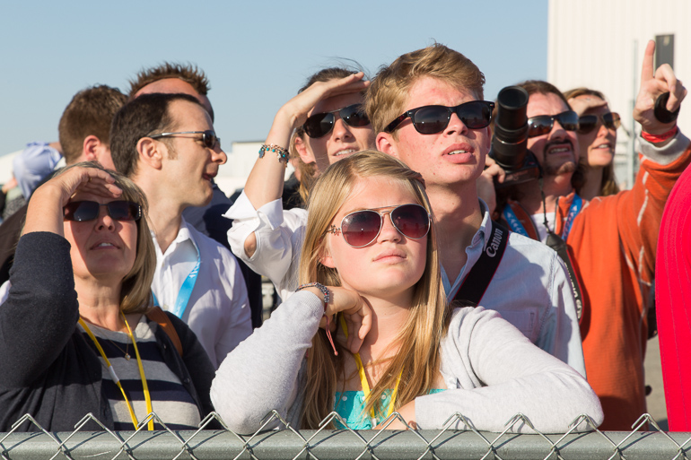 The family of Virgin Galactic Chief Pilot Dave Mackay watches the historic first powered flight of SpaceShipTwo over the Mojave Desert.